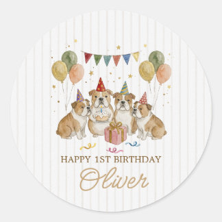 Sticker Rond Chiots Bouledogues Aquarelle Marron Drôle Annivers