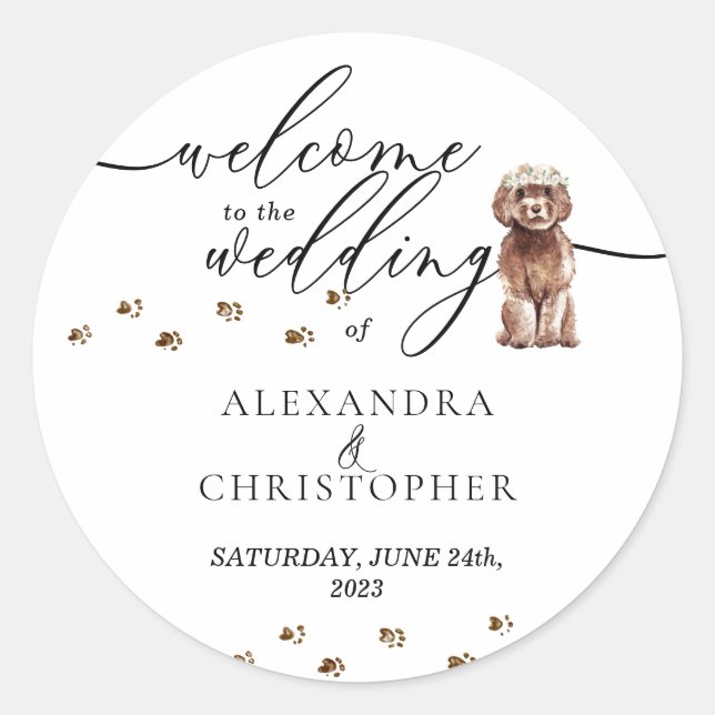Sticker Rond Chiots Cavapoo marron Bienvenue Mariage Chien (Devant)