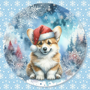 Sticker Rond Chiots Corgi du Père Noël en aquarelle sous la nei