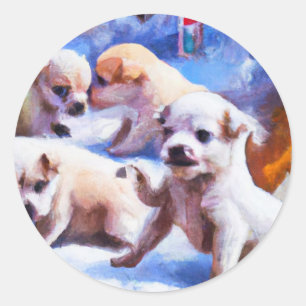 Sticker Rond chiots dans la neige un Noël mignon
