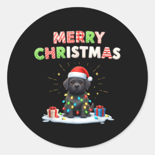 Sticker Rond Chiots Labrador Retriever Noir Lumières de Noël Mi