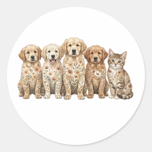 Sticker Rond Chiots Retriever Golden Mignons & Chatons (Devant)