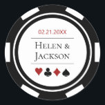 Sticker Rond Chip de poker en noir et blanc Mariage Las Vegas<br><div class="desc">Ces autocollants de mariage de puces de poker, en noir, blanc et rouge, feraient un ajout parfait aux faveurs de vos invités ou de sceller leurs invitations de style casino. Personnalisez votre design avec vos noms en noir dans le centre, et une date mariage, merci, etc. en rouge sur le...</div>