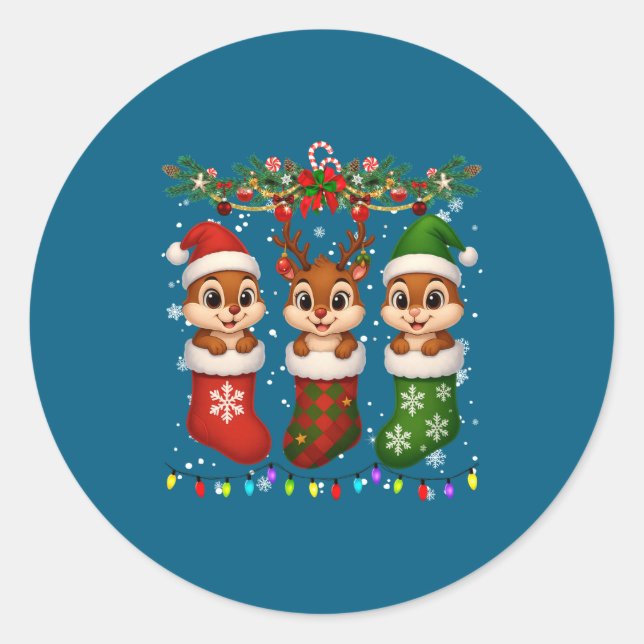 Sticker Rond Chipmunk In Christmas Socks Lights Chipmunk Xmas L (Devant)