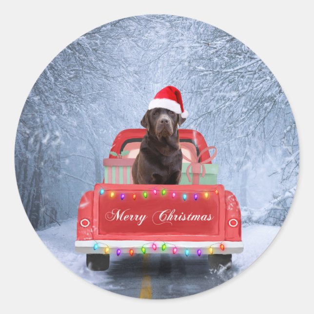 Sticker Rond Chocolat Labrador Chien dans la voiture de Noël de (Devant)