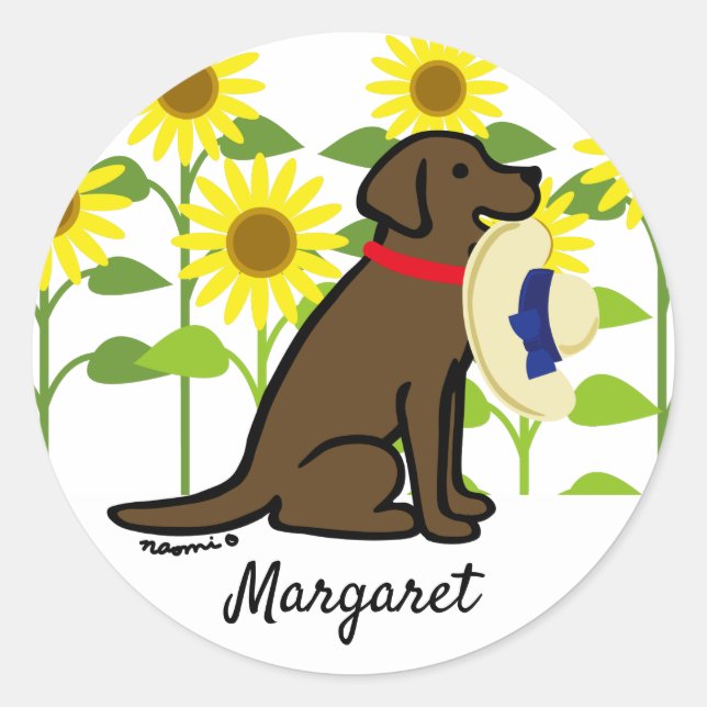 Sticker Rond Chocolat Labrador et tournesols été (Devant)