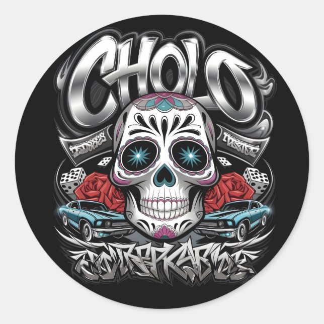 Sticker Rond Cholo Sugar Skull Cinco de Mayo Art (Devant)