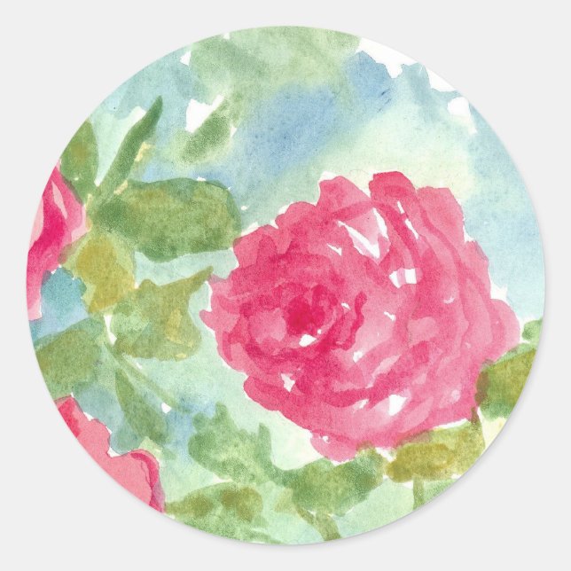 Sticker Rond Chou rose Anglais Rose Fleurs d'aquarelle (Devant)