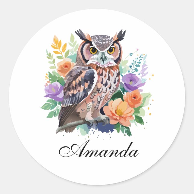 Sticker Rond Chouette aquarelle aux fleurs colorées (Devant)