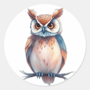 Sticker Rond Chouette aquarelle avec éléments étoilés