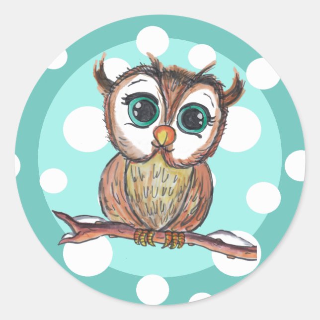Sticker Rond Chouette Aquarelle mignonne avec Turquoise Pois (Devant)