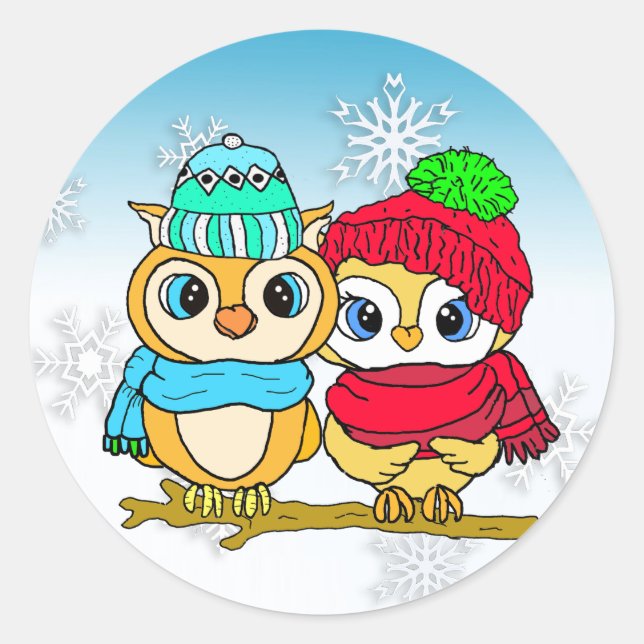 Sticker Rond Chouette blanche mignonne à Noël des branches (Devant)