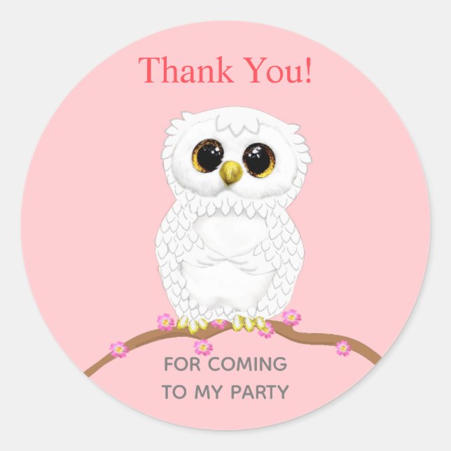 Sticker Rond Chouette blanche mignonne sur fond rose clair merc (Devant)