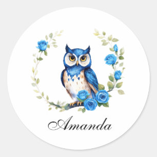 Sticker Rond Chouette bleu aquarelle et fille Rose