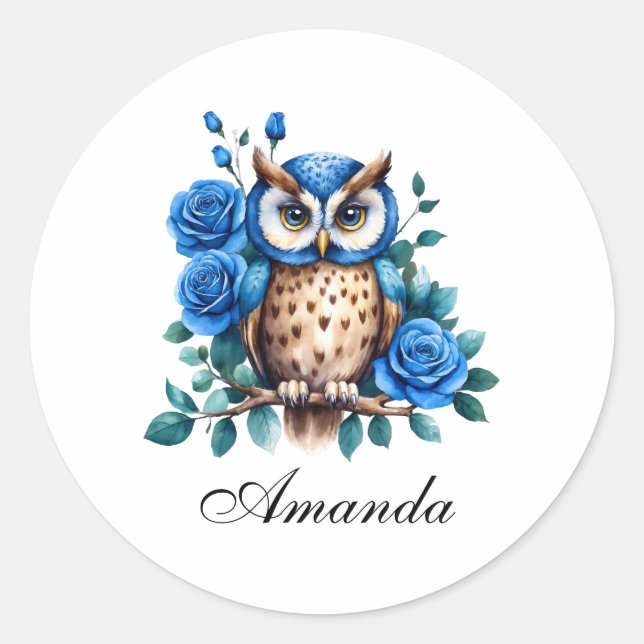 Sticker Rond Chouette bleu aquarelle et Rose (Devant)