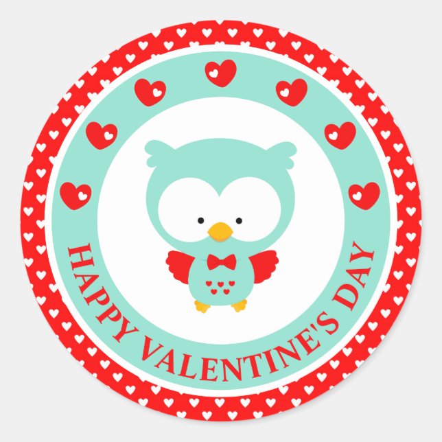 Sticker Rond Chouette Bleue et Coeurs Saint Valentin (Devant)