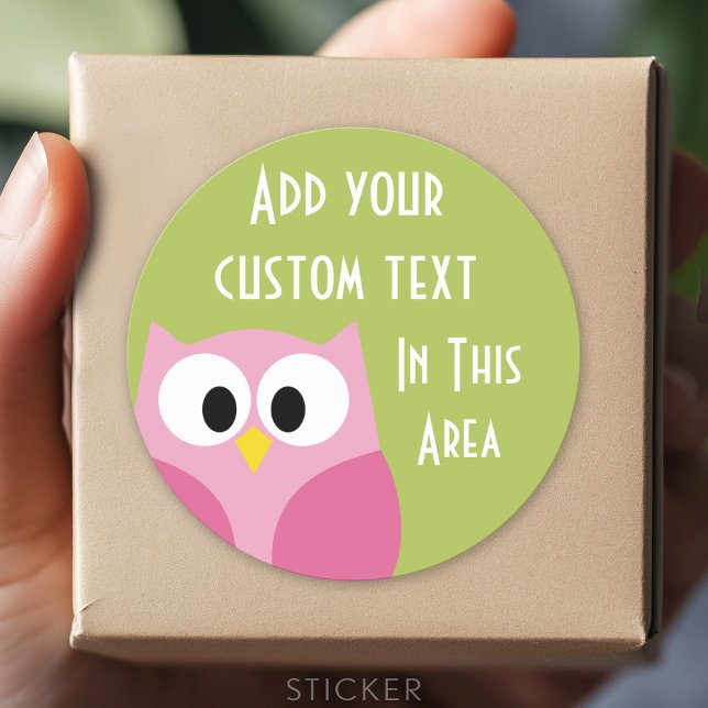 Sticker Rond Chouette caricaturale mignonne - rose et vert citr (Custom Sticker for Party Favors and Envelopes)