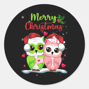 Sticker Rond Chouette Couple Père Noël Joyeux Noël Noël Chouett