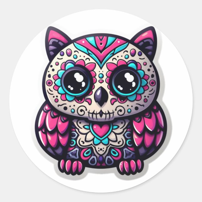 Sticker Rond Chouette crâne à sucre, jour du hibou mort (Devant)