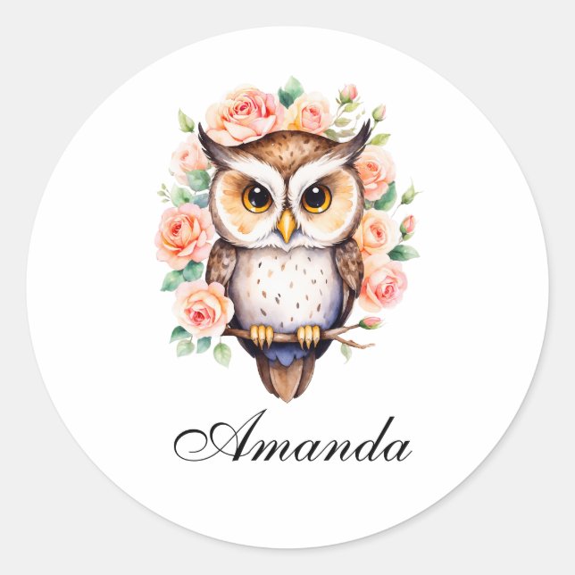 Sticker Rond Chouette d'aquarelle mignonne et Roses feuillus (Devant)