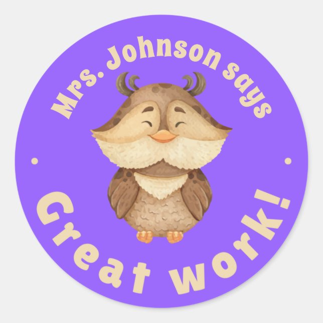 Sticker Rond Chouette d'aquarelle mignonne Great Work Student A (Devant)