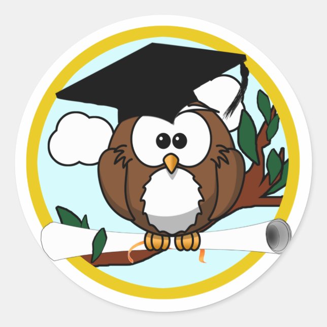 Sticker Rond Chouette de graduation en dessin mignonne avec Cas (Devant)