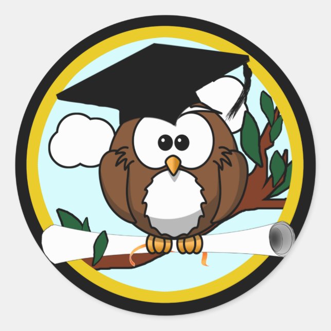 Sticker Rond Chouette de graduation en dessin mignonne avec Cas (Devant)