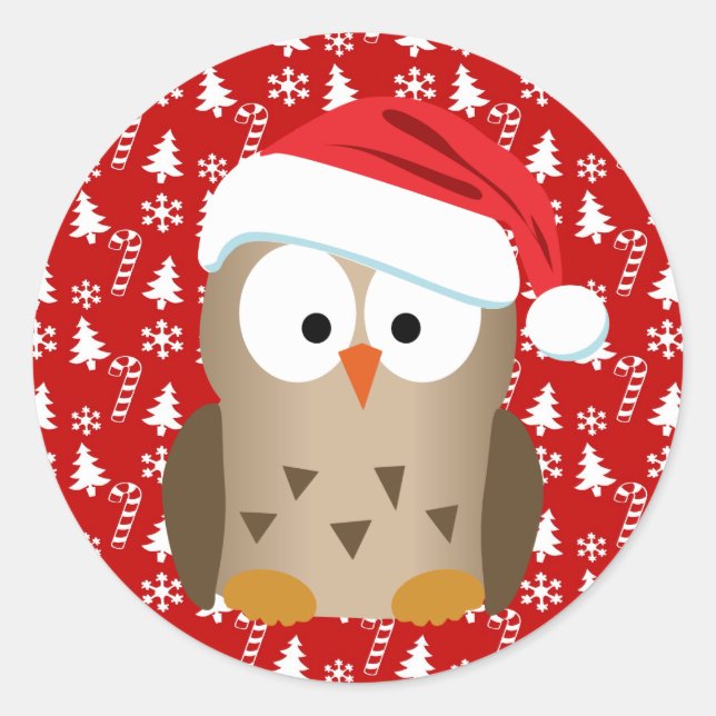 Sticker Rond Chouette de Noël avec chapeau de Noël (Devant)