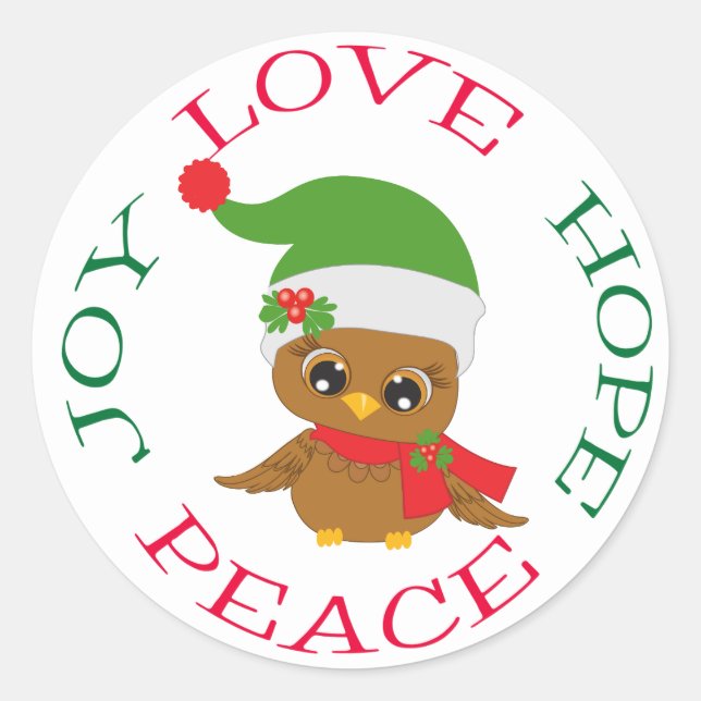 Sticker Rond Chouette de Noël Espère Joie Amour (Devant)