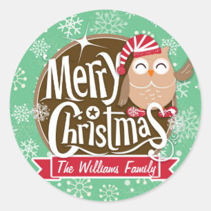 Sticker Rond Chouette de Noël; hiver; flocons verts et blancs