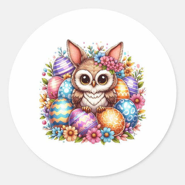 Sticker Rond Chouette de Pâques aux oreilles de lapin (Devant)