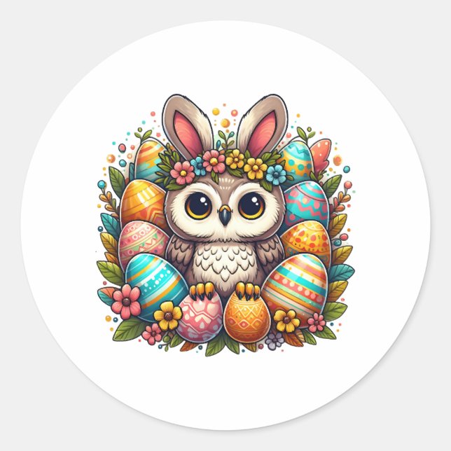 Sticker Rond Chouette de Pâques aux oreilles de lapin (Devant)