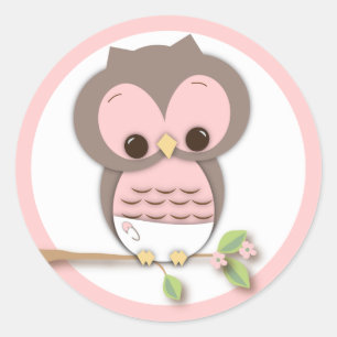 Sticker Rond Chouette de petite fille douce sur une branche