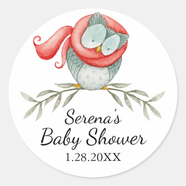 Sticker Rond Chouette des bois dans le Baby shower de l'Écharpe (Devant)