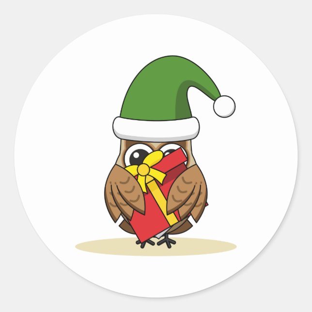 Sticker Rond Chouette elfe de Noël avec présent (Devant)