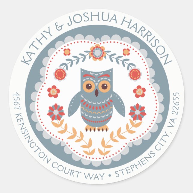 Sticker Rond Chouette et fleurs de style scandinave Adresse de  (Devant)