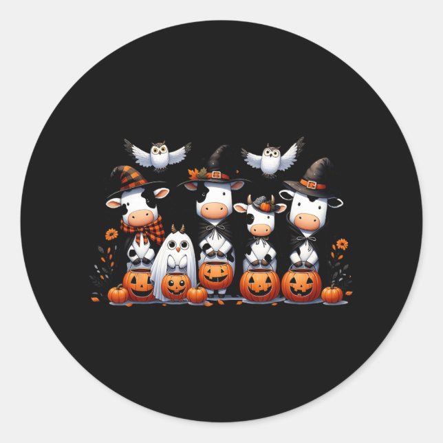 Sticker Rond Chouette fantôme Vaches Halloween Animaux Vache Lo (Devant)