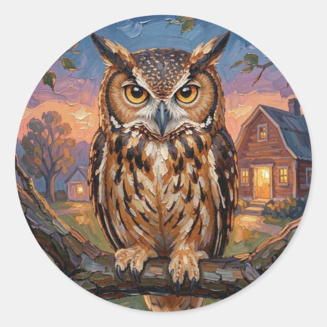 Sticker Rond Chouette hulotte Rustique Impasto  (Devant)