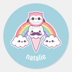 Sticker Rond Chouette mignonne avec cône de crème glacée