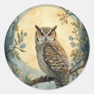 Sticker Rond Chouette Mystique Art de la Forêt au Clair de Lune