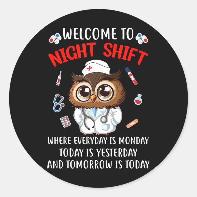 Sticker Rond Chouette Nuit Shift Drôle Infirmière Infirmière Rn (Devant)
