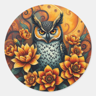 Sticker Rond Chouette Parmi Les Fleurs Vibrantes