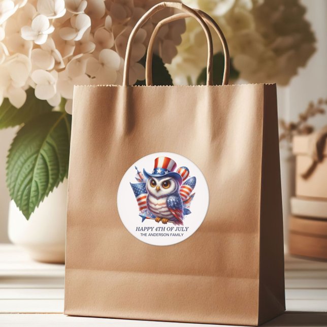 Sticker Rond Chouette patriotique chapeau rouge blanc bleu 4 ju (Happy 4th of July patriotic owl gift bag sticker)