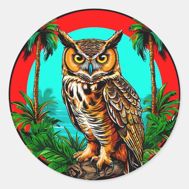 Sticker Rond Chouette perchée sur un rocher 🦉 Art de la nature (Devant)