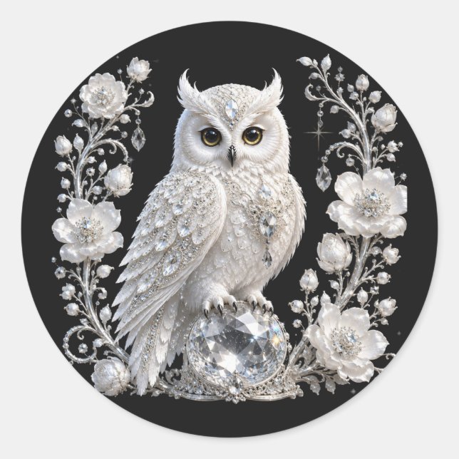 Sticker Rond Chouette Perle de Cristal Blanc (Devant)