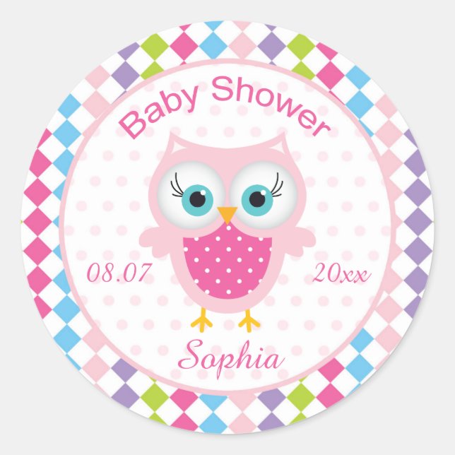 Sticker Rond Chouette rose, losange motif Baby shower (Devant)