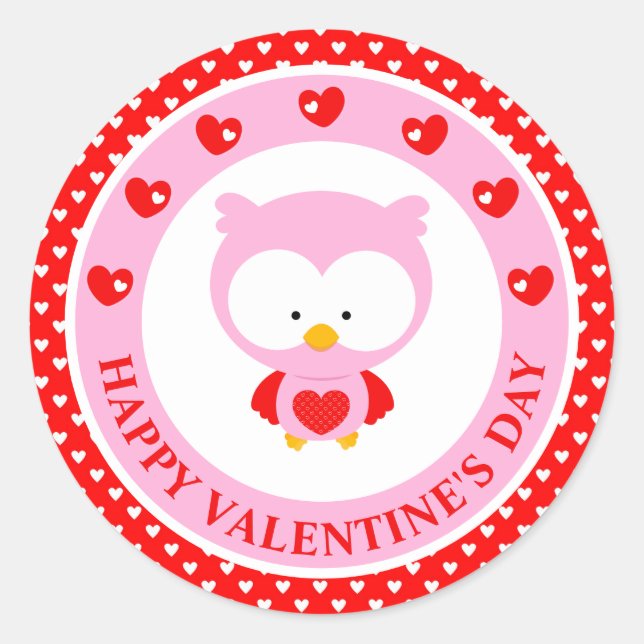 Sticker Rond Chouette rose mignonne et Saint-Valentin coeurs (Devant)
