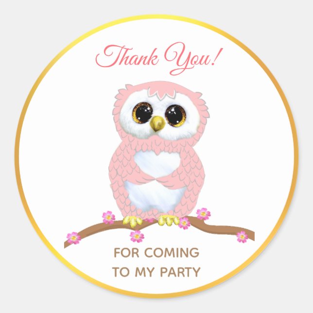 Sticker Rond Chouette rose mignonne merci (Devant)