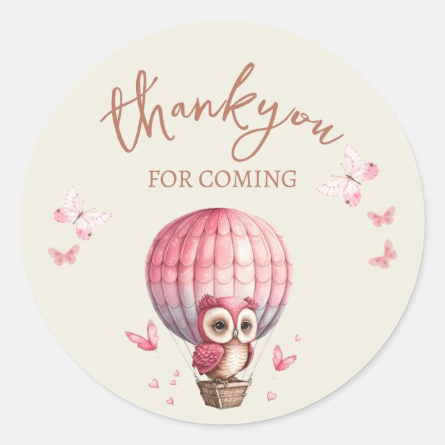 Sticker Rond Chouette rose mignonne Merci (Devant)