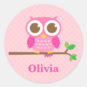 Sticker Rond Chouette rose mignonne sur une branche pour les fi